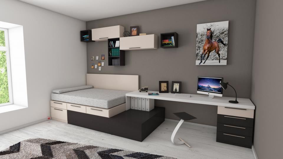 Modern apartment bedroom with a built-in study desk and wall storage