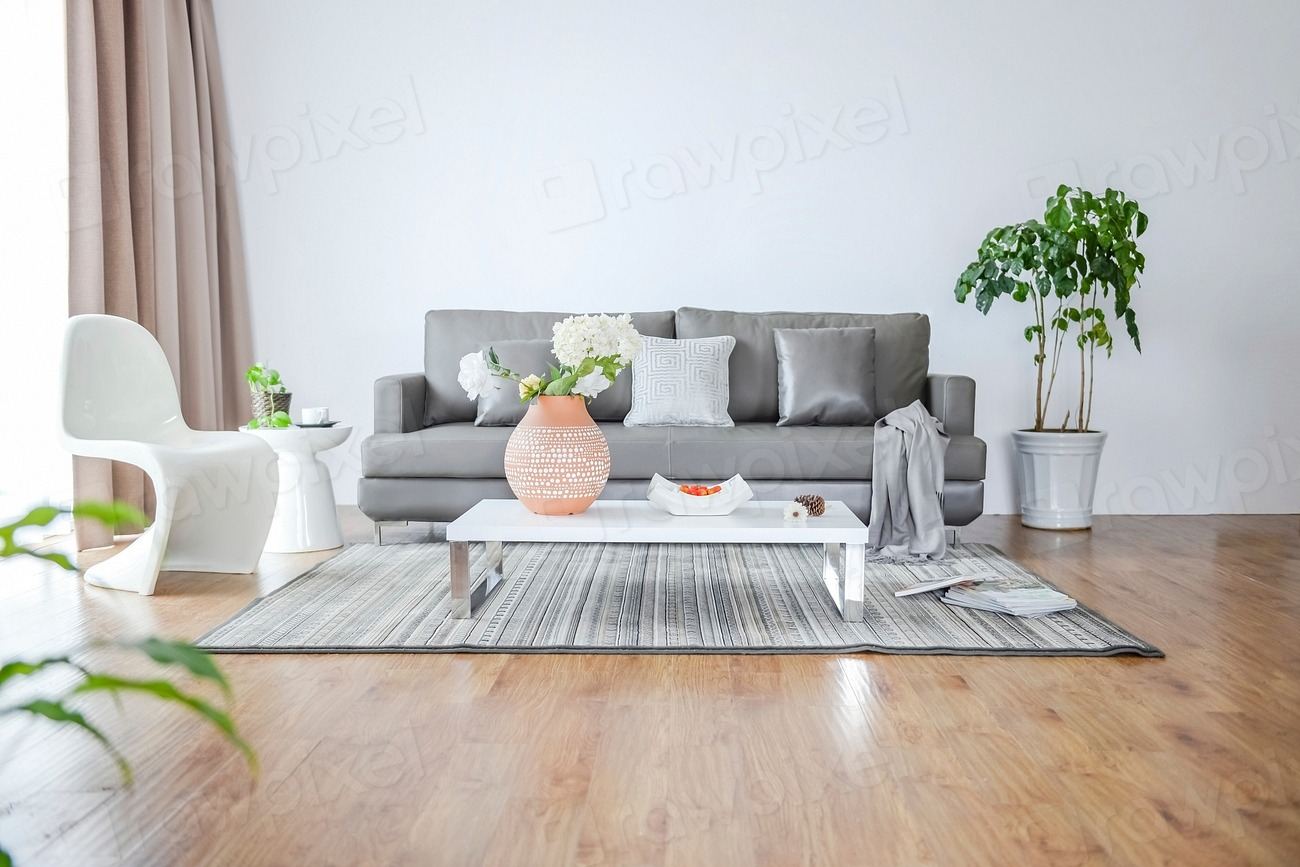 Minimal living room with a grey sofa, plants and wooden floor