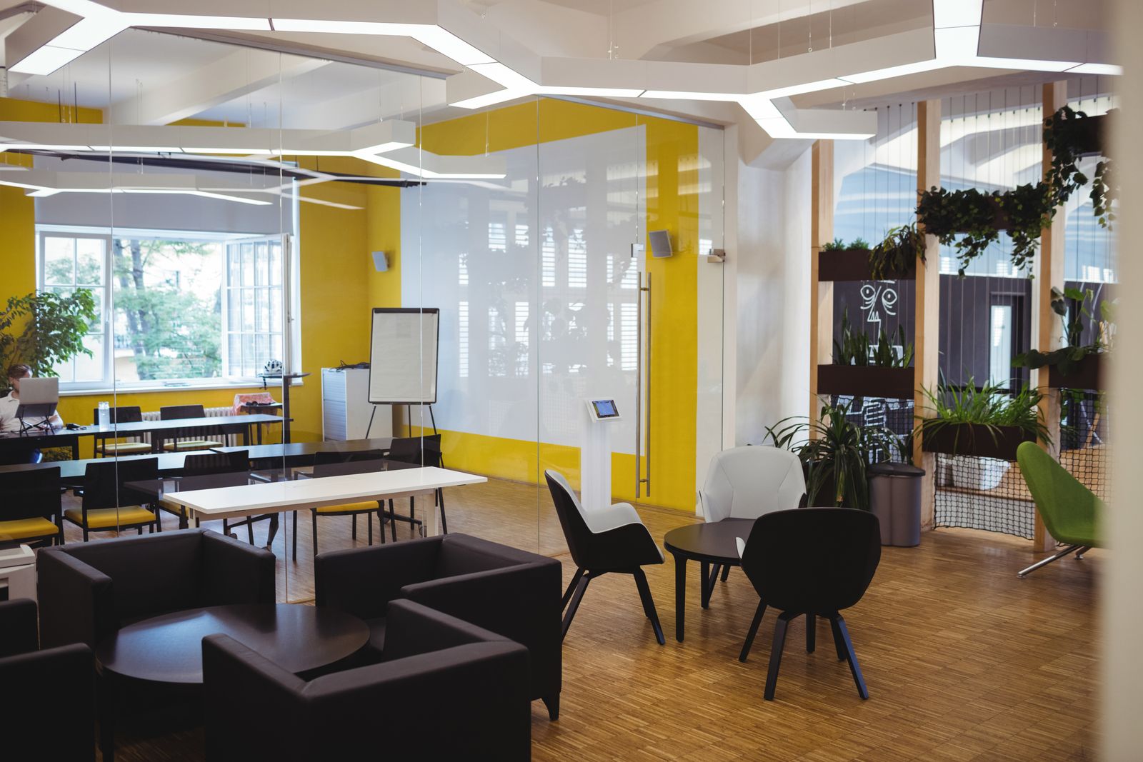 Commercial office interior design with breakout area